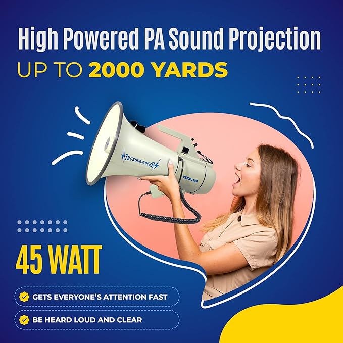 ThunderPower THUN1200 Heavy-Duty Extra-Loud Megaphone Speaker – 45 W Bullhorn Megaphone with Siren, 2,000‑Yard Range, Bell & Talk Modes - Loud Speaker Megaphones for Military and Crowd Control