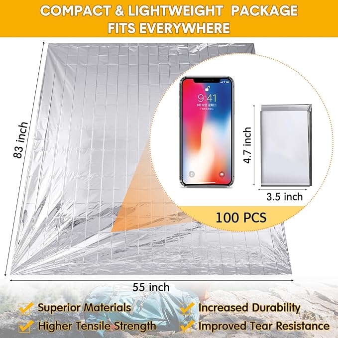 100 Pcs Emergency Blankets for Survival 83 x 55 Emergency Foil Thermal Reflective Space Blanket Bulk Waterproof Individually Wrap Survival for Car Camping Outdoor Homeless(Silver)