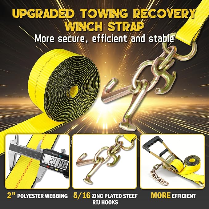 4PCs Towing Recovery Winch Strap w/RTJ Cluster Hook 2" x12', with 4PCs Ratchet Chain Tail, 10000LBS Recovery Towing Truck Straps, Towing Truck Car Trailer Winch Wrecker Tie Down Straps