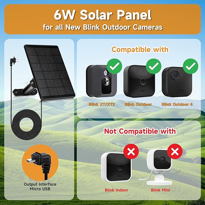 Solar Panel for Blink Outdoor 4(4th Gen)/Blink Outdoor(3rd Gen) XT3 and Blink XT2/XT Camera,6W Solar Charger for Blink with 360° Adjustable Mount 5.9in to 8.7in,9.84ft Outdoor Power Cable,Waterproof