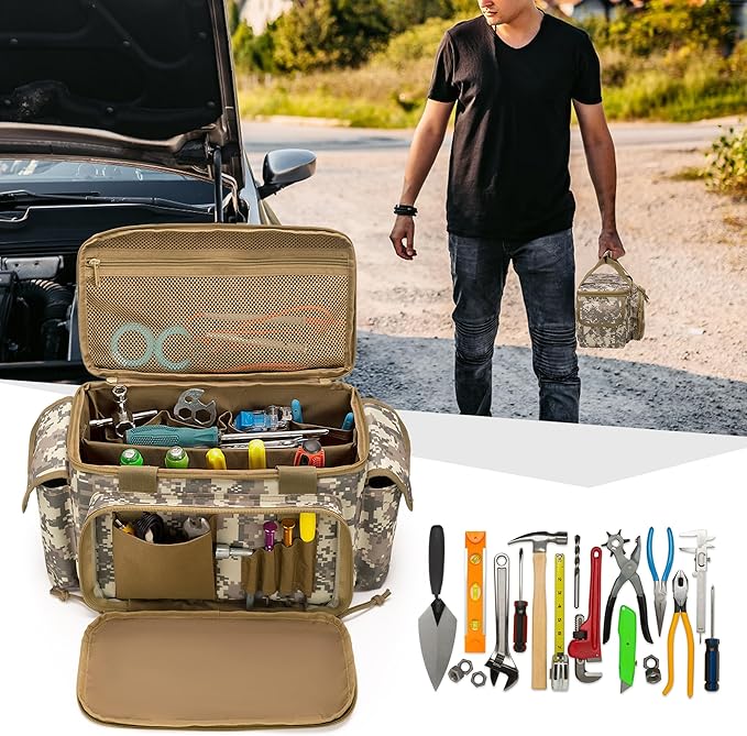 Small Tool Bag with Anti-friction and Thick Padded Bottom, Tool Storage Organizer for Men, Tactical Range Bag, Multi-functional Work Bag for Repairman, Electrician, Carpenters (Camo)