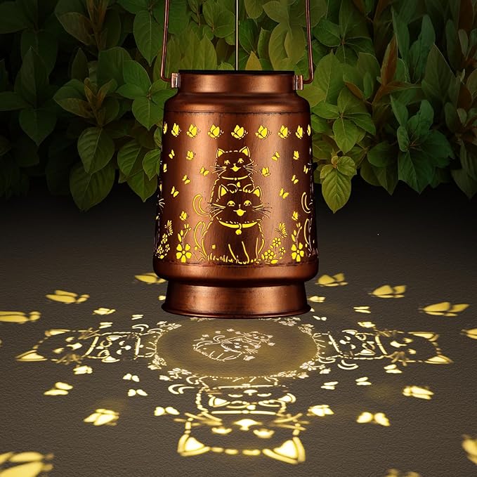 Solar Lantern Outdoor Hanging Waterproof Outside Metal Openwork Hummingbird Pattern Birthday Gifts for Women Mom Landscape Lights for Porch Garden Yard Patio Pathway Decor(Cat)