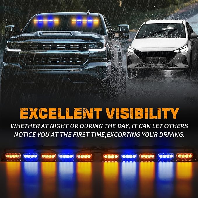 XRIDONSEN 2x 17 inch Amber Blue Emergency Dash Lights Interior Front/Rear Windshield Strobe Lights 40 LED Safety Flashing Warning Hazard Lights w/Suction Cups for Plow Trucks Construction Vehicles
