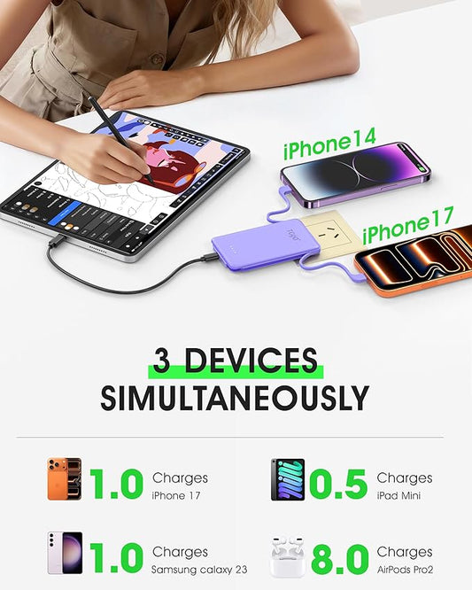 TG90° Ultra Slim 5000mAh Power Bank Built-in AC Wall Plug and Cables, Pocket Size USB C Portable Charger, External Battery Pack Compatible with iPhone 17 16 15 14 13 12 Samsung S22 S21 Google iPad