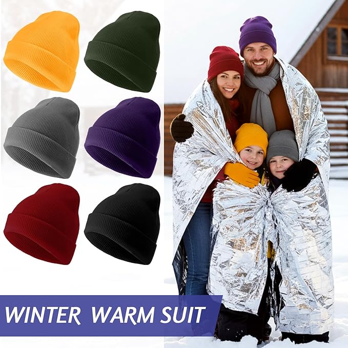 Suhine 72 Pcs Homeless Care Package Supplies Bulk Winter Emergency Blanket Glove Beanies Scarves Sock Drawstring Bag Unisex