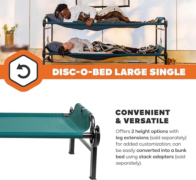 Disc-O-Bed Large Outdoor Modular 1 Person Single Camping Cot Portable Bed for Adults, Sleep Solution for Tents, Green