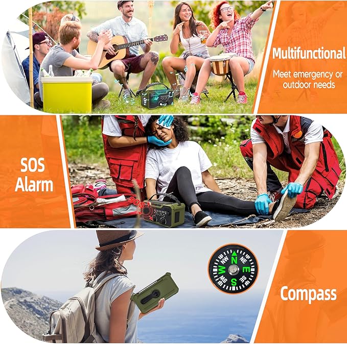 30000mAh Emergency Weather Radio, AM/FM/NOAA Weather Alert Radio Hand Crank/Solar/Type-C Fast Rechargeable Outdoor Radio with Reading Lamp/SOS Alarm/3 Mode Flashlight/Power Bank (Grassy Green)