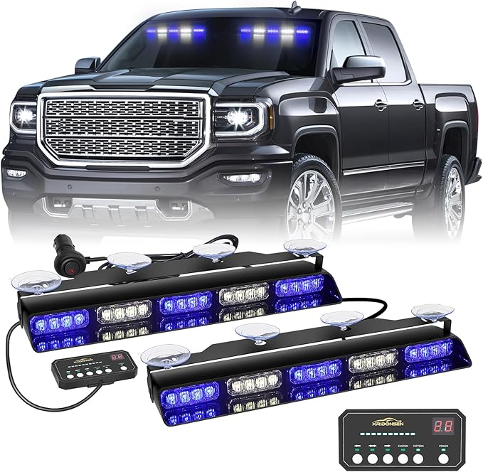 XRIDONSEN 2x 17 inch Blue White Emergency Dash Strobe Lights Bar 40 LED Interior Front/Rear Windshield Lights Safety Flashing Warning Hazard w/Suction Cups for Police Firefighter Vehicles Trucks Car