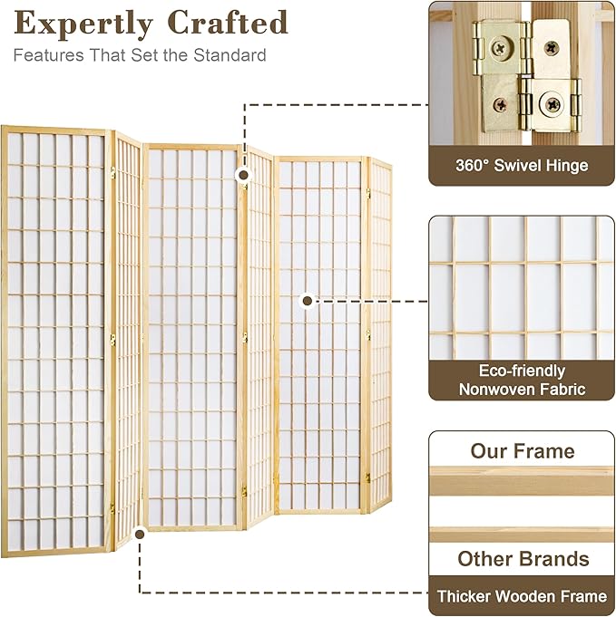 WelFurGeer 6 Panel Room Divider, Folding Privacy Shoji Screens, Room Partitions and Dividers, Decorative Room Dividers, Wall Dividers for Room Separation, Japanese Wood Room Divider for Home (Natural)