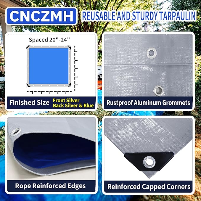 Tarp Waterproof 12x16 Feet, 8 Mil Thick Finished Size Silver/Blue Poly Tarpaulin Outdoor, Metal Grommets, Reinforced Edges, Multipurpose Tarps Protective Cover for Camping Boat Plant
