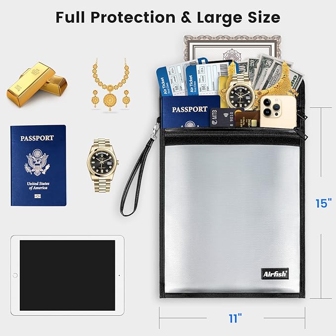 Upgraded 2 Pockets Fireproof Document Bag (5200℉), 15 x 11.5 Inches Non-ltchy Silicone Coated Fireproof and Waterproof Bag, Fireproof Folder for Important Document, Money, Jewelry, Watch, Passport