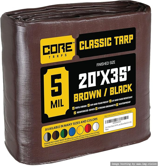 Core Tarps Classic 5 Mil Tarp Cover, Waterproof, UV Resistant, Rip and Tear Proof, Poly Tarpaulin with Reinforced Edges for Roof, Camping, Patio, Pool Cover, Boat (Brown/Black 20′ X 35′)