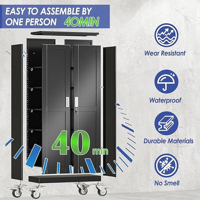 61" Tall Metal Garage Storage Cabinet with Wheels and Locking Doors and Tall Rolling Steel Tool Cabinet with 3 Adjustable Shelves for Garage,Home,Office,Shop (Black)