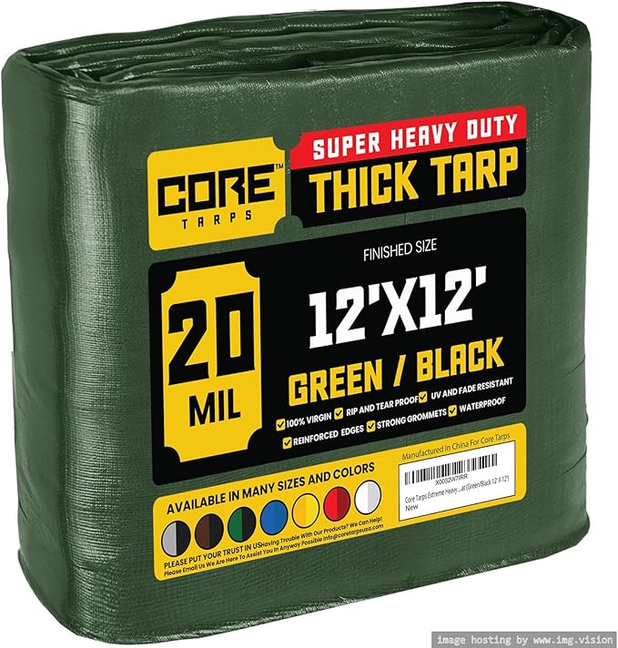 Core Tarps Extreme Heavy Duty 20 Mil Tarp Cover, Waterproof, UV Resistant, Rip and Tear Proof, Poly Tarpaulin with Reinforced Edges for Roof, Camping, Patio, Pool, Boat (Green/Black 12′ X 12′)