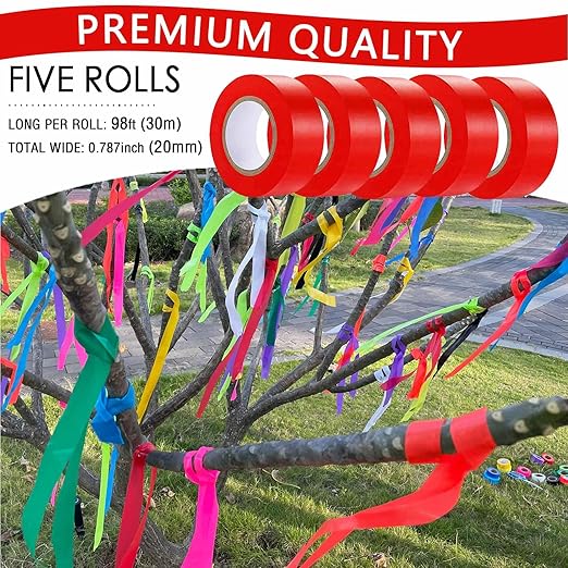 5 Pack Red Flagging Tape, Non-Adhesive Plastic Ribbon Neon Marking Roll, 0.78"*500ft, Marking Tape for Tree Marking, Hunting, Boundaries and Hazardous Areas,Trail Marking