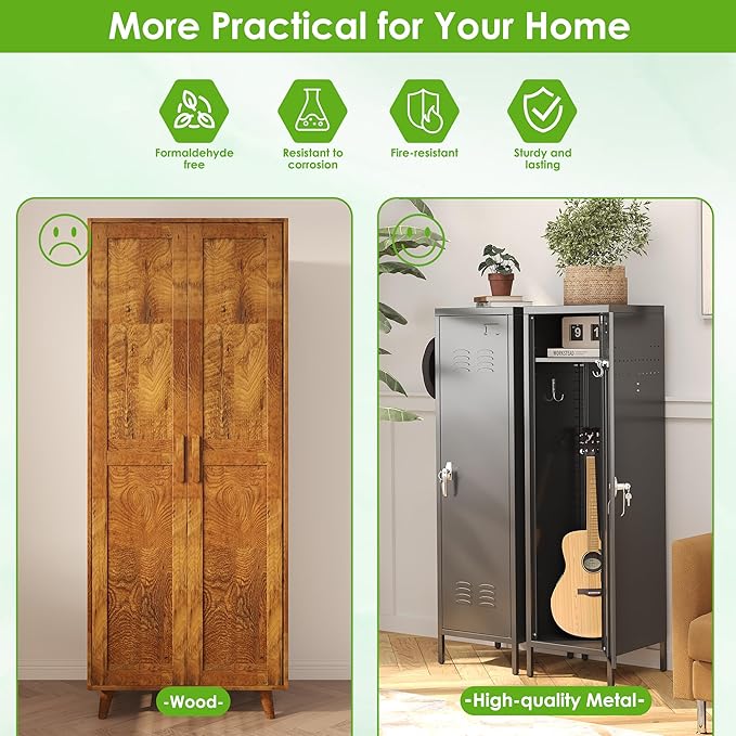 1 Door Metal Storage Lockers with Handle and Hanging Rod,Metal Locker for Employees with Pegboard and Hooks for Home,Office,Gym, School, Garage,Assembly Required,Black