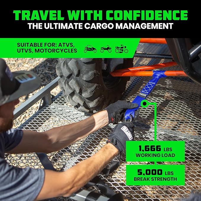 Rhino USA Soft Loop Tie Down Straps (4-Pack) - 1.6 Inch x 17 Inch (5,000 lbs Break Strength) Heavy Duty Motorcycle Handlebar Straps for use with Ratchets for ATV, UTV, Dirt Bike (Blue)