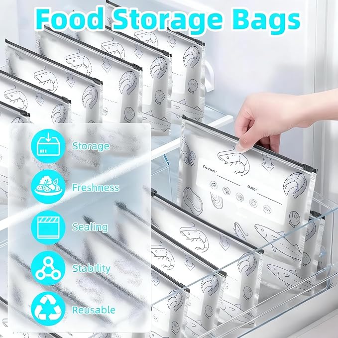 30Pcs Reusable Aluminum Foil Sealable Storage Bags, Thicken Stand Up Foil Sealable Bags with Label and Zip Lock, Aluminum Foil Bags for Food, Vegetable Fruit Meat (10*S+10*M+10*L)
