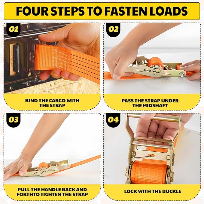 10 Pack 2 x 30 ft Car Tie Down Straps for Trailers 6600lbs Breaking Strength Ratchet Strap Tie Down J Hook Heavy Duty Cargo Ratcheting Strap for Cargo Vans, Trucks, Trailers, Orange
