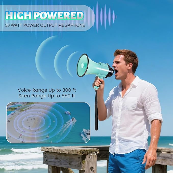 30 Watt Power Portable Megaphone Bullhorn Speaker Voice, Siren/Alarm and 240S Recording with Volume Control and Strap