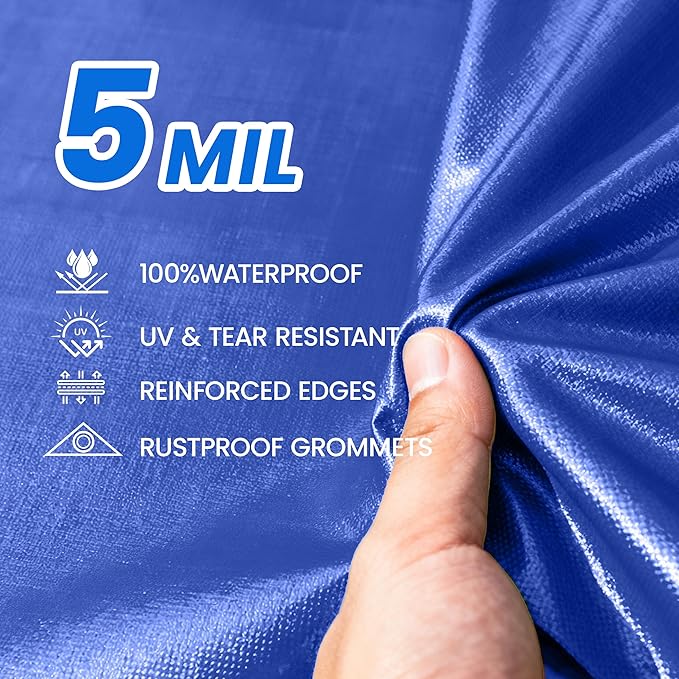Lightweight Outdoor Camping Tarp 6' x 8' 5-mil Blue Waterproof Boat Tarps Covers with Grommets