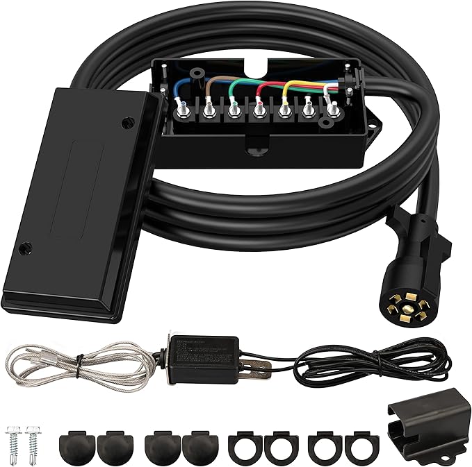 RVGUARD 7 Way 8 Foot Trailer Cord with 7 Gang Junction Box Kit, Include 12V Breakaway Switch and Plug Holder, Trailer Connector Cable Wiring Harness with Waterproof Junction Box