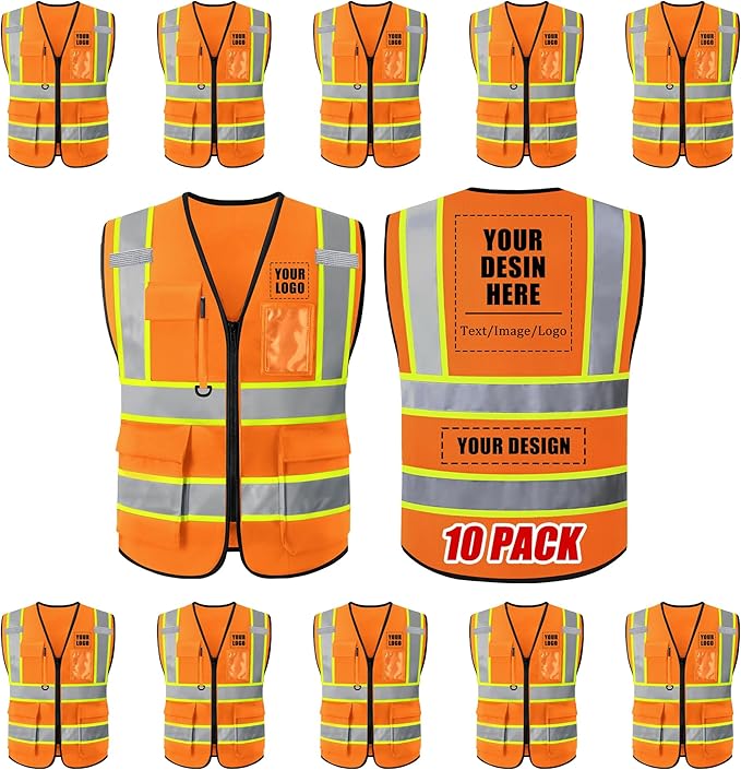 Custom Safety Vest with Logo, High Visibility Reflective Personalized Vest with Pockets and Zipper for Men Women Work