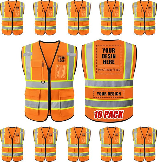Custom Safety Vest with Logo, High Visibility Reflective Personalized Vest with Pockets and Zipper for Men Women Work