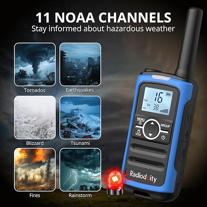 Radioddity FS-T8 Walkie Talkies for Adults Kids Rechargeable, FRS Licence-Free Two Way Radio Long Range with Group Call, VOX, NOAA, 2000mAh Battery, Flashlight, USB-C, Hiking Winter Camp, 4 Pack