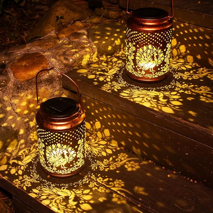 YISITEONE Peacock Outdoor Solar Lanterns, Garden Waterproof Metal Hanging Decor Lights for Patio Yard Pathway Lawn Front Porch, Birthday Gardening Gifts for Women Mom Grandma