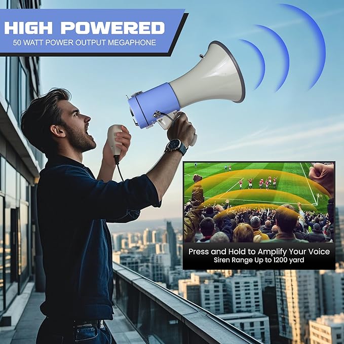 MyMealivos 50W Bluetooth Megaphone with Rechargeable Battery-Professional Bullhorn with Siren&240s Recording Supports USB/SD/3.5mm Aux-1600ft Range for Sports Police Emergency Outdoor Activities