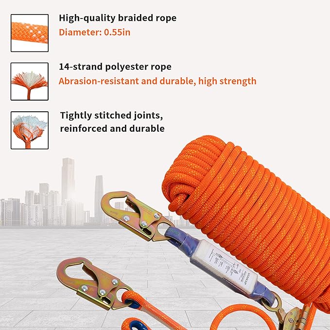 Fall Protection Safety Rope 150ft Heavy Duty Vertical Roofing Grab Snap Hook Shock Absorber Fall Protection Line Kit Restraint System Roofing Safety Equipment（150ft）
