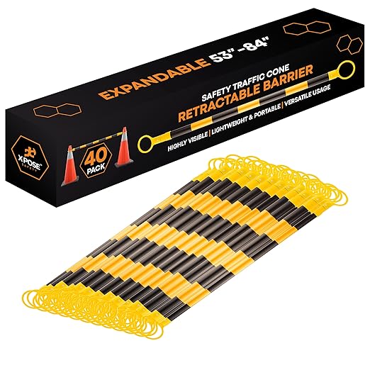 Retractable Barrier for Safety Traffic Cones - 2" OD - Large Yellow and Black Bar Barricade - for Road Construction, Parking, Warning, Temporary Security Divider (40, Yellow & Black, 53" x 84")