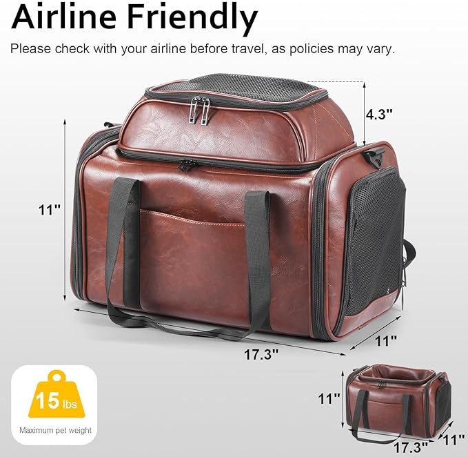Premium Leather Top Expandable Pet Carrier for Small Dogs & Cats Under 15 lbs, Airline Approved Collapsible Soft-Sided Luxury Travel Bag Coffee