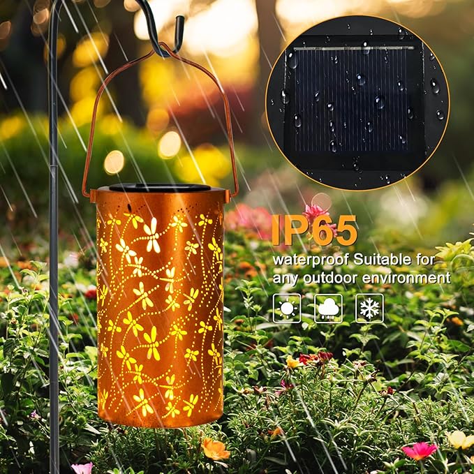 YISITEONE Dragonfly Outdoor Solar Lanterns, Garden Waterproof Metal Hanging Decor Lights for Patio Yard Pathway Lawn Front Porch, Birthday Gardening Gifts for Women Mom Grandma