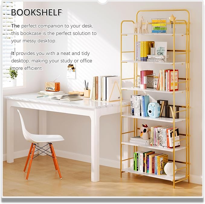 4NM No Assembly Folding Bookshelf, 6 Tiers Collapsible Book Shelves Open Industrial Foldable Storage Bookcase Shelf for Bedroom, Living Room, Home Office - White and Gold