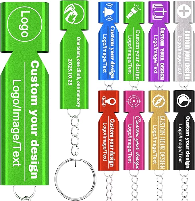 10Pcs Custom Emergency Whistles, Personalized Aluminum Safety Survival Whistle with Keychain, Engraved Name or Logo, Double Tube High Pitch for Outdoor Camping, Hiking, Boating, Fishing