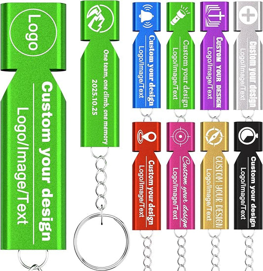 10Pcs Custom Emergency Whistles, Personalized Aluminum Safety Survival Whistle with Keychain, Engraved Name or Logo, Double Tube High Pitch for Outdoor Camping, Hiking, Boating, Fishing