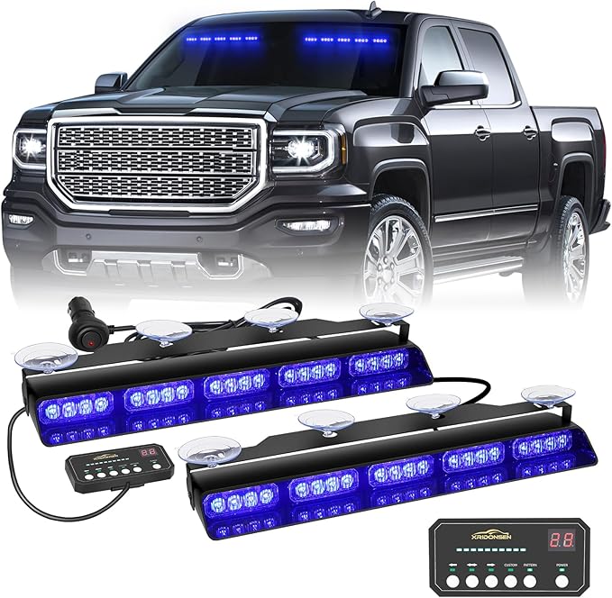 XRIDONSEN 2x 17 inch Blue Emergency Lights Bar 40 LED Dash Strobe Lights Interior Front/Rear Windshield Lights Safety Flashing Warning Hazard Light for Ambulance Firefighter Police Vehicles Trucks Car