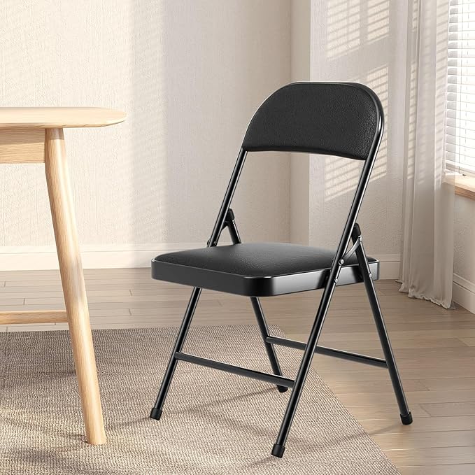 Nazhura 4 Pack Folding Chairs with Padded Cushion and Back, Khaki Metal Chairs with Comfortable Cushion and Durable Steel Frame for Home and Office, for Indoor and Outdoor Events (Black, 4 Pack)
