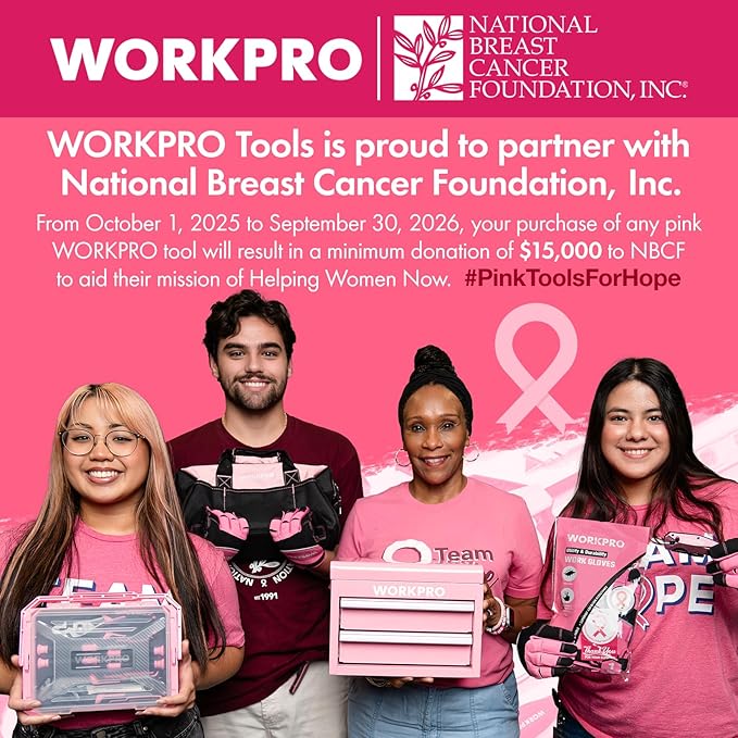 WORKPRO 20V Pink Cordless Drill Driver and Home Tool Set, 141PCS Hand Tool Kit for DIY, Home Maintenance, 2.0 Ah Li-ion Battery, 1 Hour Fast Charger, and Tool Box Included - Pink Ribbon