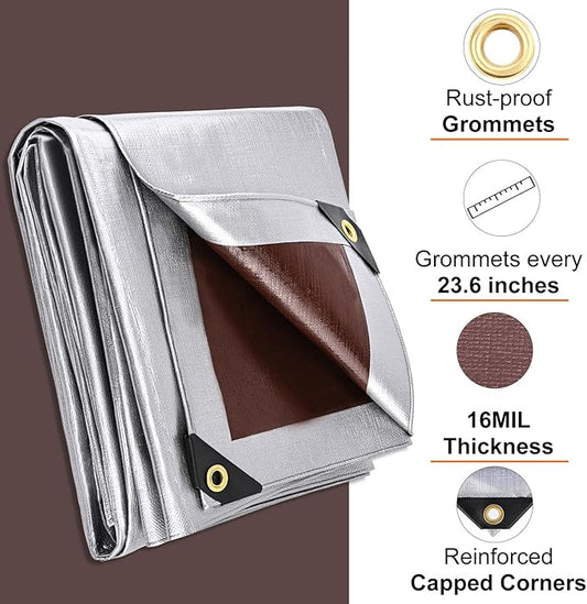 Tarp 6x8FT, 16 Mil, Waterproof Tarps Heavy Duty with Grommets Every 23.6", Thick Plastic Tarp, UV Resistant Tear&Fade Resistant, Reinforced Edges for Outdoor Pool Camp Tent