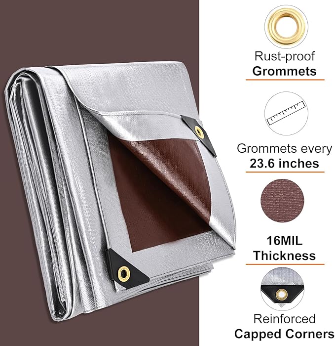 Tarp 10x10FT, 16 Mil Large Tarp, Waterproof Tarps Heavy Duty with Grommets Every 23.6", Thick Plastic Tarp, UV Resistant Tear&Fade Resistant, Reinforced Edges for Outdoor Pool Camp Tent