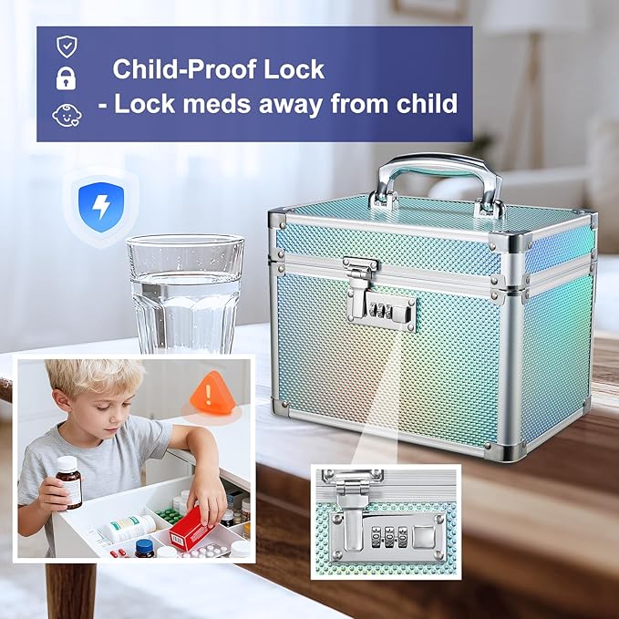Adazzo Lockable Medicine Storage Box - Turquoise Cabinet Med Lock Organizer, 10 x 7 x 9 Inches Safe Med Case with Lock for Home, Dorm, Office, or Travel