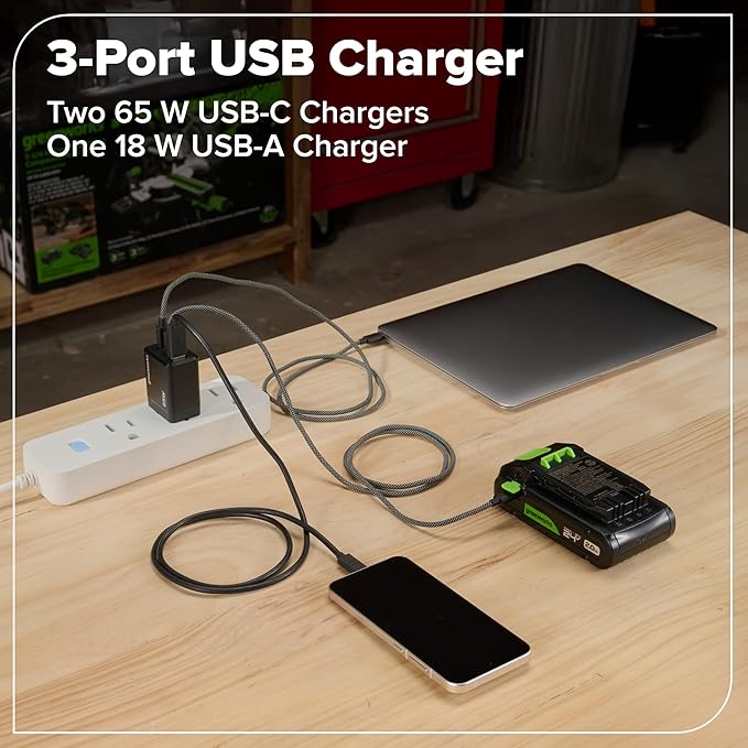 GREENWORKS 24V (6-TOOL) Combo (Drill, Impact Driver, Circular Saw, Reciprocating Saw, Multi-Tool, Flashlight), 4.0Ah + 2.0Ah (24,000mAh Power Bank) Batteries, (2) Cables, 65W Rapid Charger
