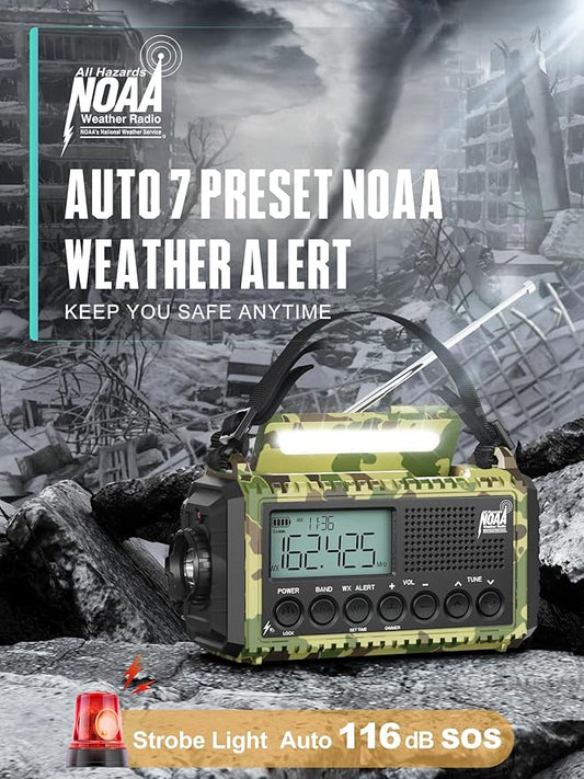 AUTO NOAA Emergency Weather Radio with Clear Signal, 2X Faster Hand Crank & 12000 Battery Operated, SW/AM/FM Portable Solar Radio with 6-Way Power, Flashlight, Phone Charger, SOS for Home, Outdoor