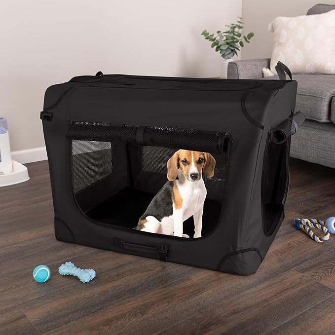 Soft Dog Crate - 32x23.25x23 Collapsible Dog Crate for Medium Pets - Portable Travel Pet Crate with 3 Doors, Mesh Windows, and Removable Divider - Travel Accessories by PETMAKER (Black)