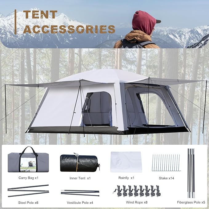 8-10 Person Camping Tent, Large Family Cabin Tents with Porch & Rainfly, Double Layer Waterproof Glamping Tent with 2 Rooms 3 Doors, Portable Big Tents for Outdoor Camping Hiking Party