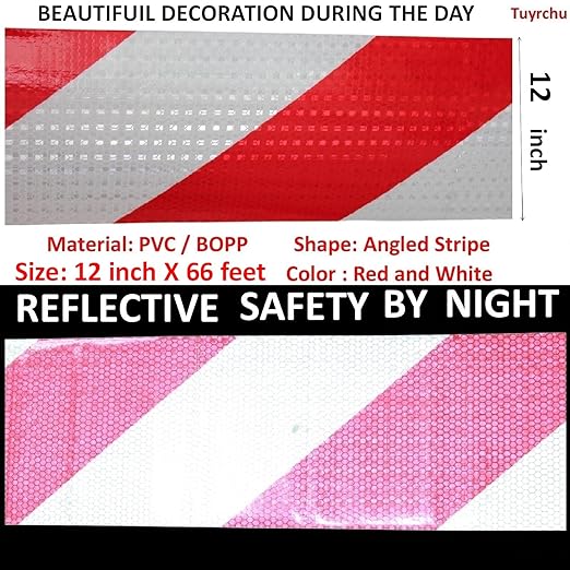 Red White Reflective Tape 12 inch Wide for Truck, Outdoor Waterproof High Visibility Safety Warning Adhesive Strips (66 feet)