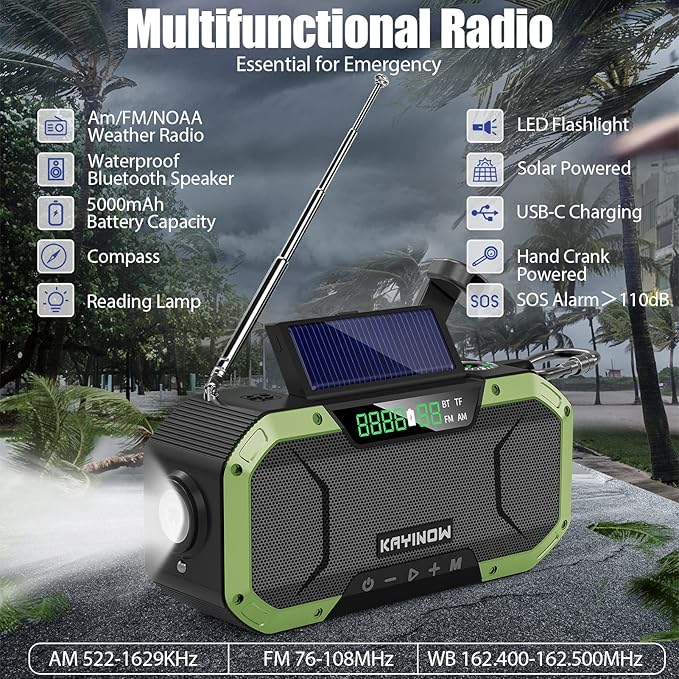 Hand Crank Solar Power Emergency Radio with Waterproof Bluetooth Speaker,Portable AM FM NOAA Weather Radio,5000mAh Rechargeable Battery Operated,Phone Charger,Flashlight,SOS,Survival Storm Camping